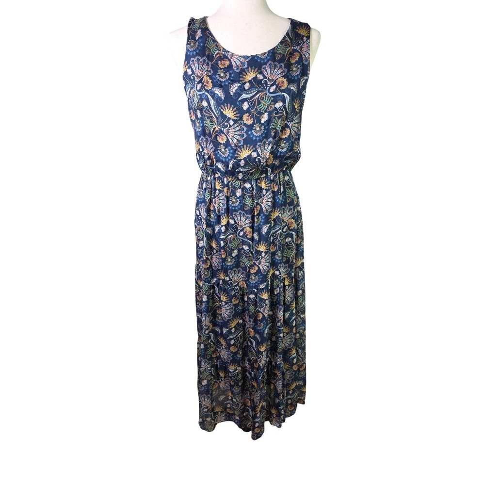 Lara Guidotti Italy Blue Paisley Floral Tiered Sleeveless Maxi Dress Small